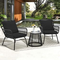 Black Outdoor Wicker Furniture 2 Chairs & Glass Table Patio Set Brand New In Box 📦