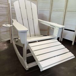 Rocking Chair with Retractable Ottoman and Cup Holders, HDPE Adirondack Rocker Patio Rocking Chair for Porch, Patio, Balcony, White