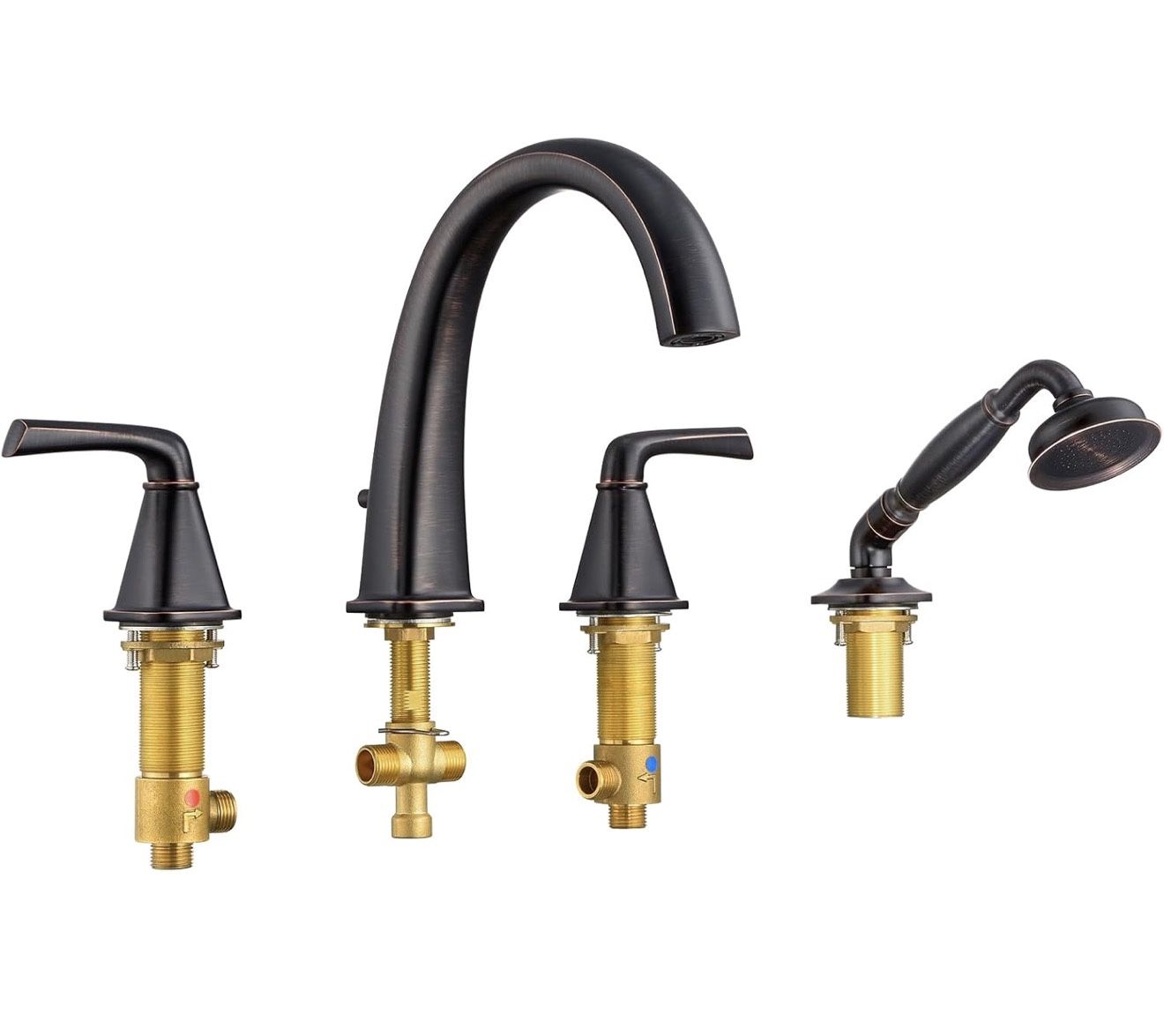 New Roman bathtub faucet with sprayer, deck mount tub faucet set, high flow 4-hole brass bathroom faucet set, with 2 valve diverter handles with