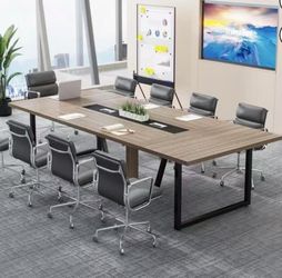 XK00729AB 8FT Conference Table, Large Meeting Table/Podcast Table for 10 People, Business Style Wooden Training Table with Strong Metal Frame for Offi