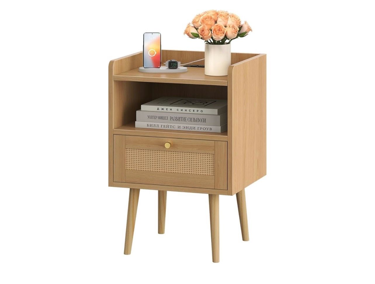 Small Nightstand with Charging Station USB Rattan Decor Drawer, Boho Bedside End Table,