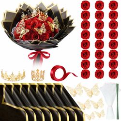 36  Pcs Glitter Roses Bouquet for Women Artificial Rose Flowers Bouquet DIY Fake Glitter Roses with Flower Wrapping Paper 3D 6Pcs Butterflies Crowns f