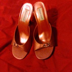 Pink Metallic Slip On Wood Look Stiletto Heels Sz 7.5
