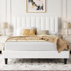 NEW Full Size White Upholstered Platform Bed Frame