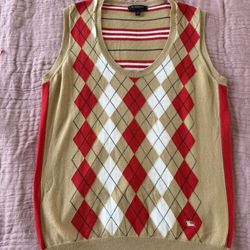 Burberry London Camel Color & Red Argyle Sweater Vest, Size L