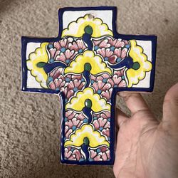 Mexican Talavera Pottery Wall Hanging Cross Signed 