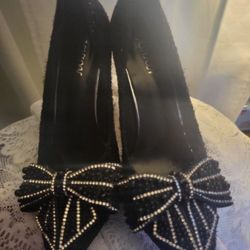 Women High Heel Pointy Toe Rhinestone Bow Shoes Party Evening Slip On Pumps