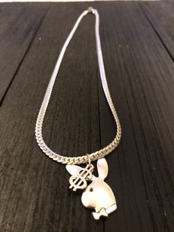 22 inch Silver Plated Herringbone Necklace with Playboy Bunny Pendant/ Stainless Steel Dollar Sign Hip Hop Bling Jewelry Streetwear