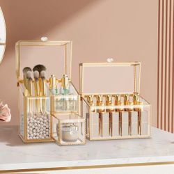 Glass Makeup Organizer Set – Vanity Organizer with 18-Slot Lipstick Organizer & Makeup Brush Holder with Lid – Skincare, Perfume & Cosmetic Storage fo