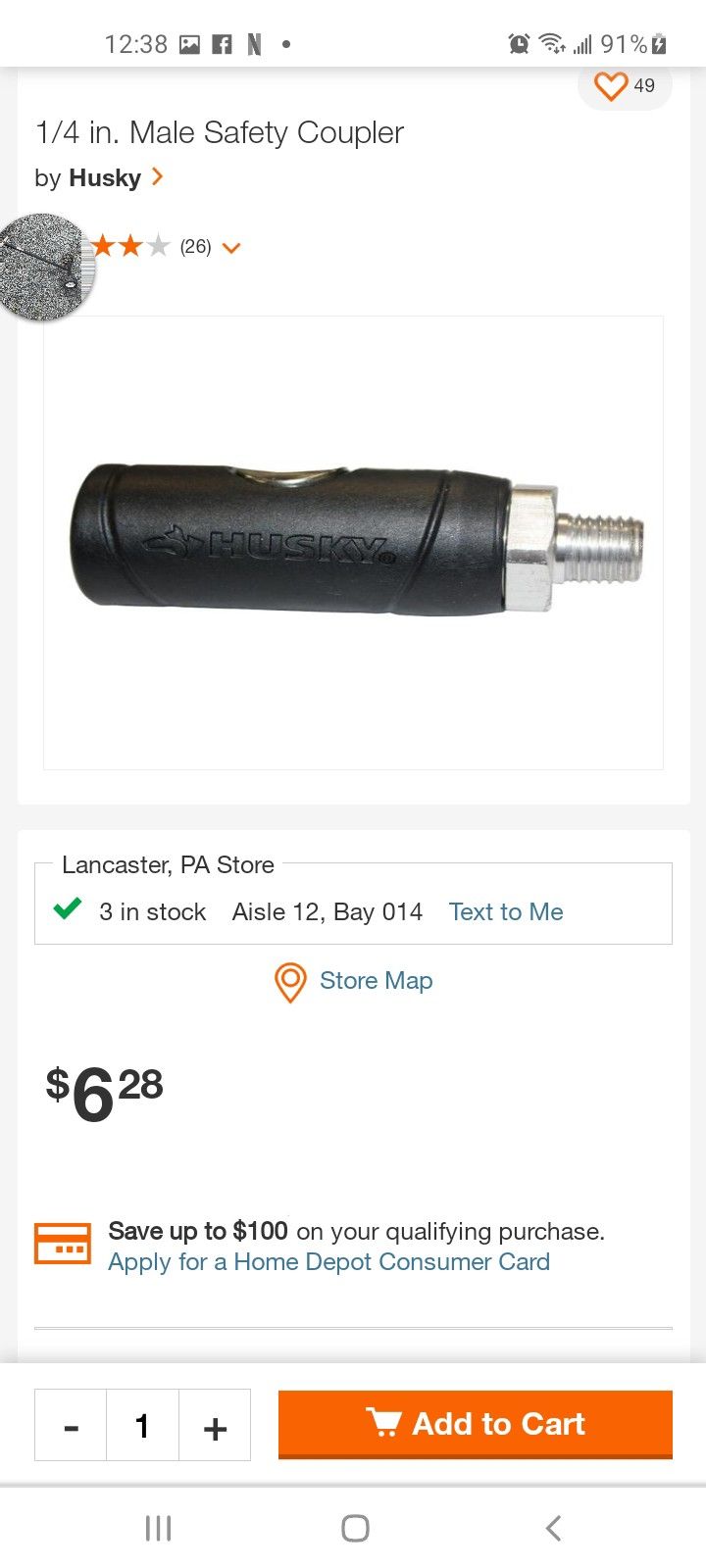 Brand New Husky Quarter Inch Male Safety Coupler
