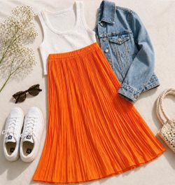 Club Monaco Bright Orange Pleat Midi Skirt Size Medium