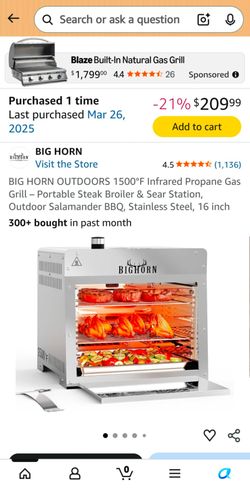 BIG HORN OUTDOORS 1500°F Infrared Propane Gas Grill – Portable Steak Broiler & Sear Station, Outdoor Salamander BBQ, Stainless Steel, 16 inch