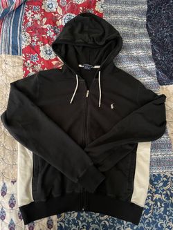 Very rare Vintage Ralph Lauren Sport Full Zip Hoodie Black Cream Y2K Size L Youth