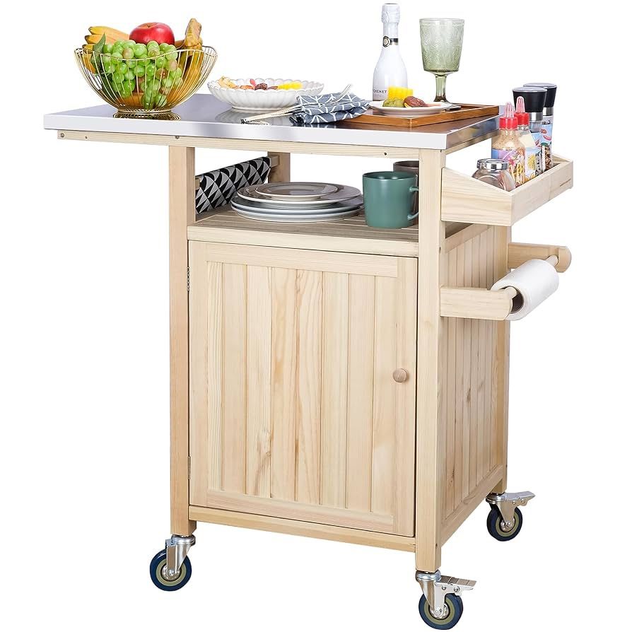 Outdoor Grill Table with Storage, Mobile Grill Cart for Outdoor, Solid Wood Prep Grilling Table with Wheels for BBQ Camping (Burly Wood)
