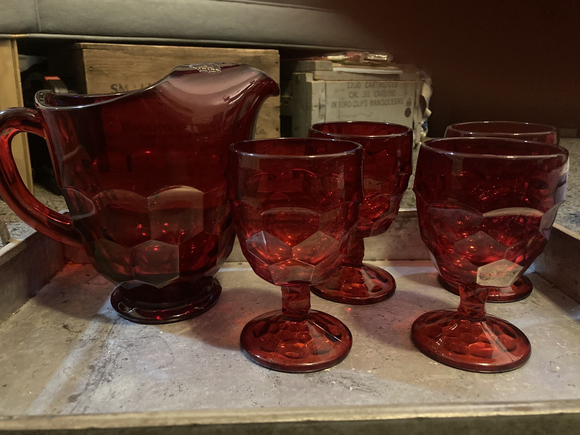 Viking Glass Vintage Ruby Red Pitcher And Goblet Set