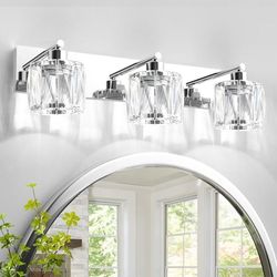 3875: New Crystal Vanity Lights for Bathroom, 3 Light Modern Stainless Steel Chrome Bathroom Vanity Light Fixture Over Mirror - UL Certificated (Bulb 