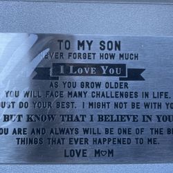 A metal plaque from mother to son