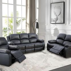 Black Leather Fully reclining Three Piece Couch Set