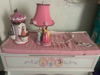 Princes toy storage bench, coin bank, and night lamp