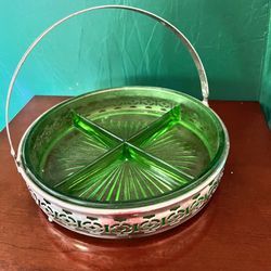Vintage Green Depression Glass Silver Relish Tray