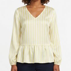 Nine West Yellow White Striped V-Neck Peplum Blouse Long Sleeve Size L 