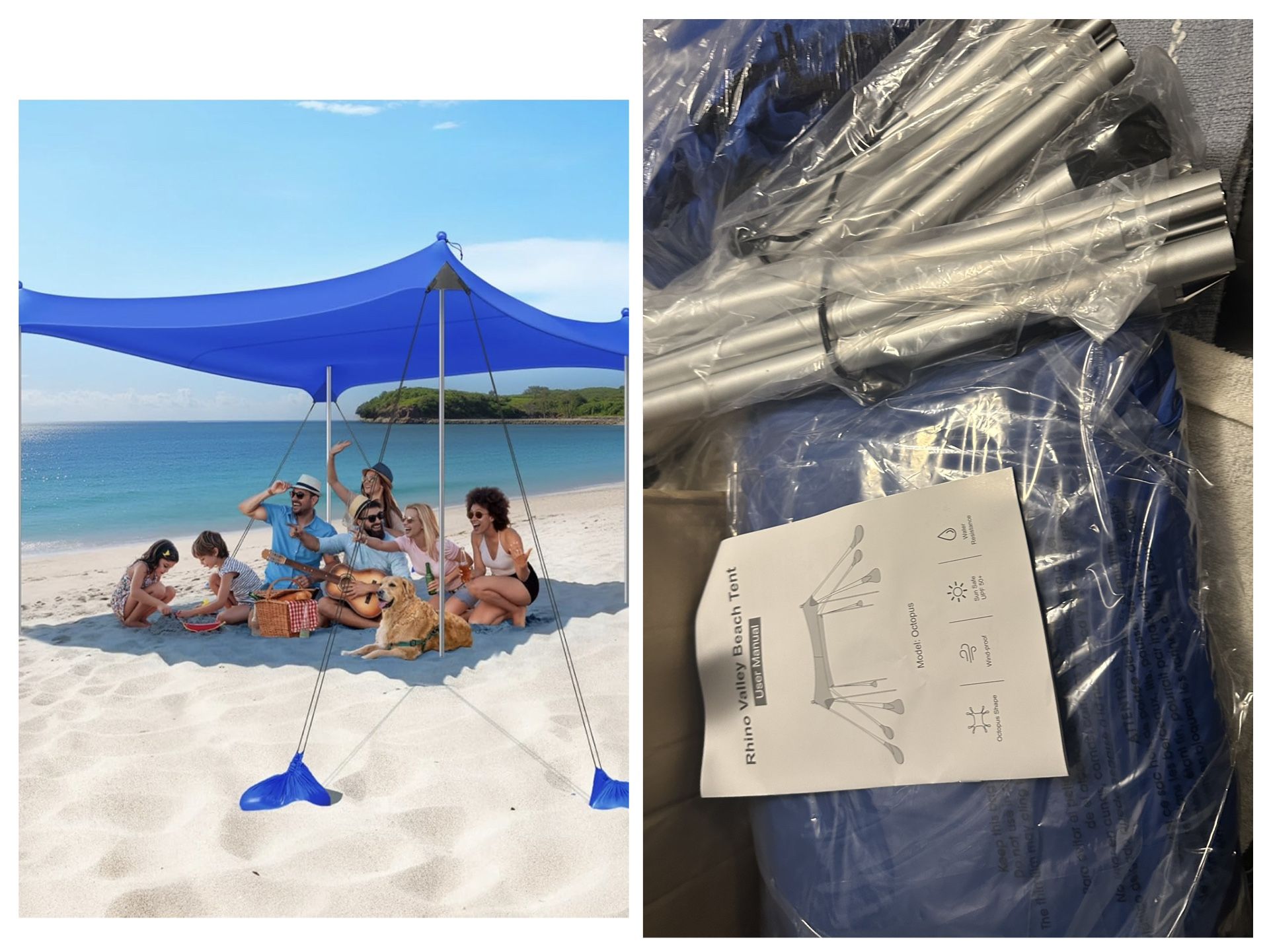 Open Box Rhino Valley Beach Tent Shade Canopy UPF50+ Protection, 8 Sandbags, 4 Stability Poles, Outdoor Sun Shelter Umbrella for Sand, Camping, Fishin