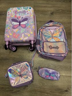 Set of Backpack, lunchbox, pencil bag and suitcase for girls.