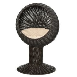 PawHut Elevated Cat Bed with Rotatable Egg Chair Pod, Cat Basket Bed with Thick Cushion, Natural Mat Grass Woven Kitty House, Coffee