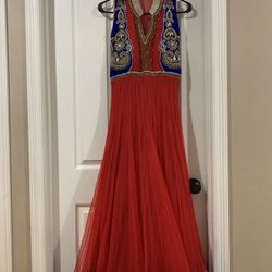 Stunning Red Gown With Velvet And Gold Embroidery- Size S  