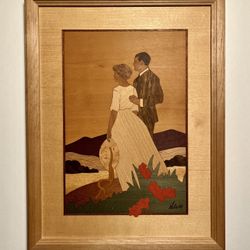 Hudson River Inlay Marquetry Framed "Hilltop Couple" by Nelson