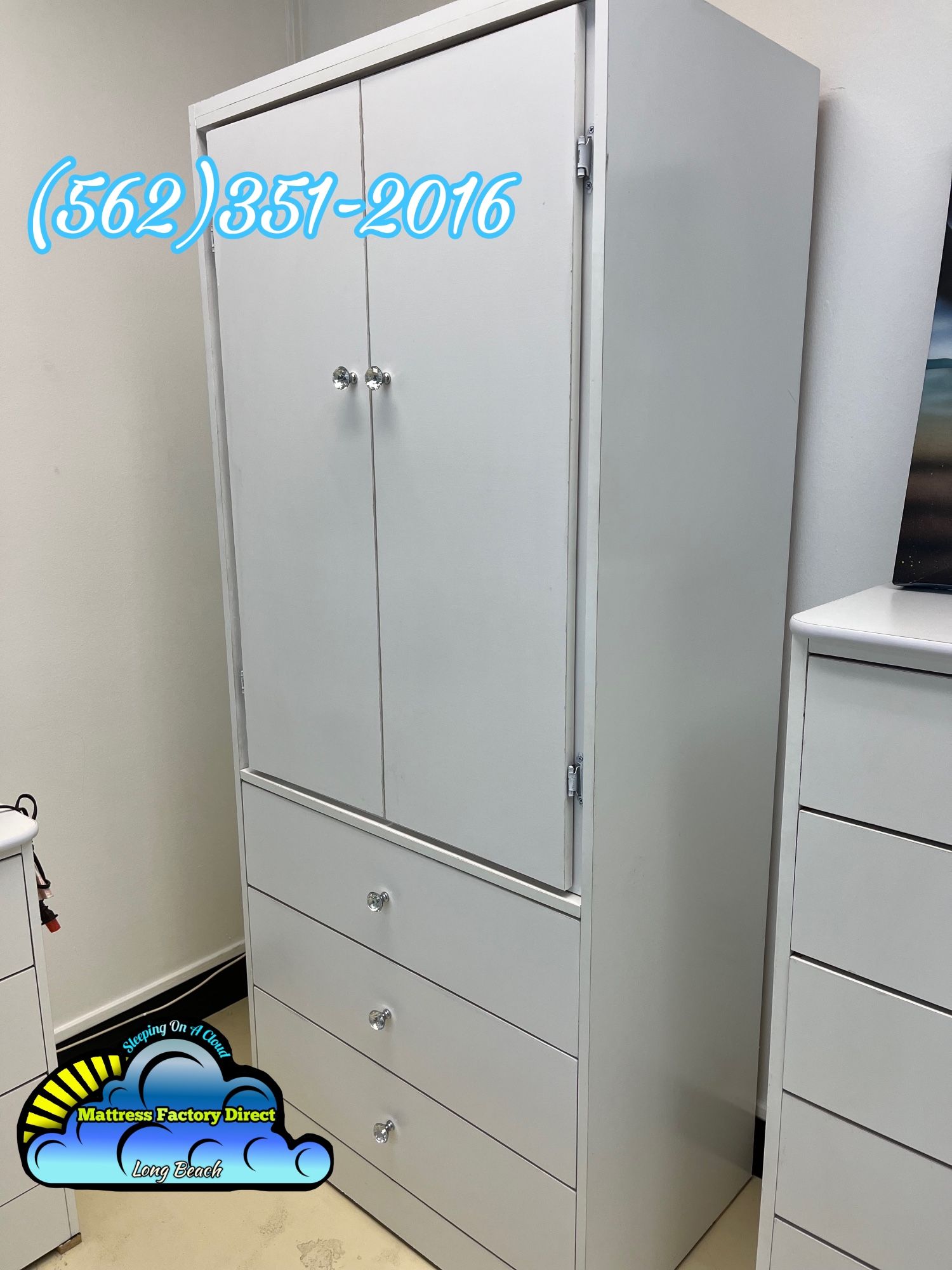 White Closet Tall Wardrobe With Diamond Knobs Handles