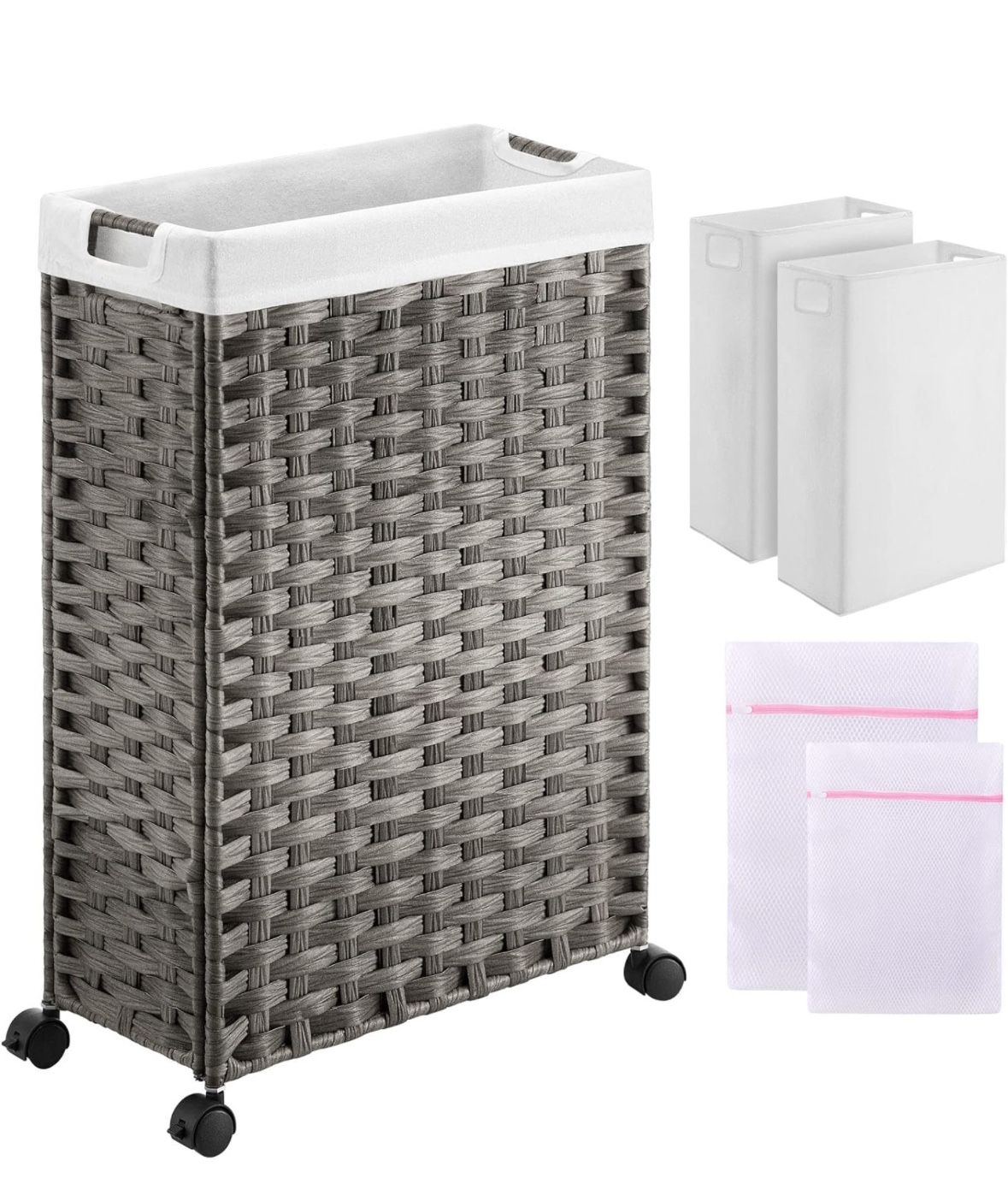 Laundry Hamper with Wheels, 30L Slim Laundry Basket with 2 Removable Liner Bags & 2 Mesh Bags