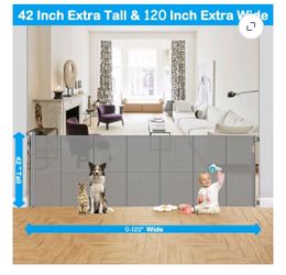 Brand new 120 Inch Retractable Baby Gates Extra Wide, 42 Inch Tall Retractable Gate, 10 FT Reinforced Retractable Dog Gate with Rods & Hooks to Preven