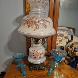 OBO Vintage Hurricane Style Table Lamp – Floral Milk Glass / Satin Glass