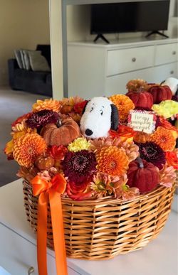 Fall Floral Arrangement Basket with Pumpkins