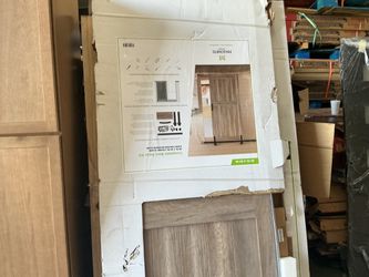 Masonite 36 in. × 84 in. 2 Panel Plank Sandy Brown Interior Sliding Barn Door Slab with Hardware Kit Store SKU# 1004-853-125