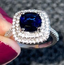 💍 925 Sterling Silver Royal blue Sapphire Ring Size 7- Double Hallo CZ💍❤️