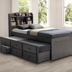 Brand New Grey Twin Size Captains Bed w Trundle Bed + Drawers 