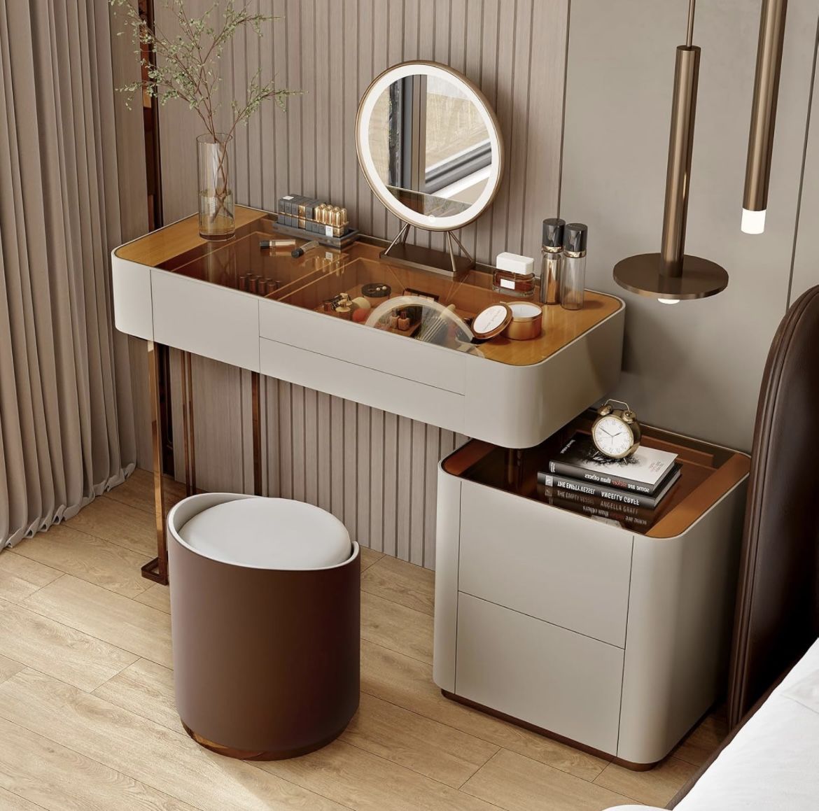 Vanity Desk with Glass Top, Modern Set with Lighted Mirror & 5 Drawers & Side Cabinet & Stool, Clear Glass Countertop