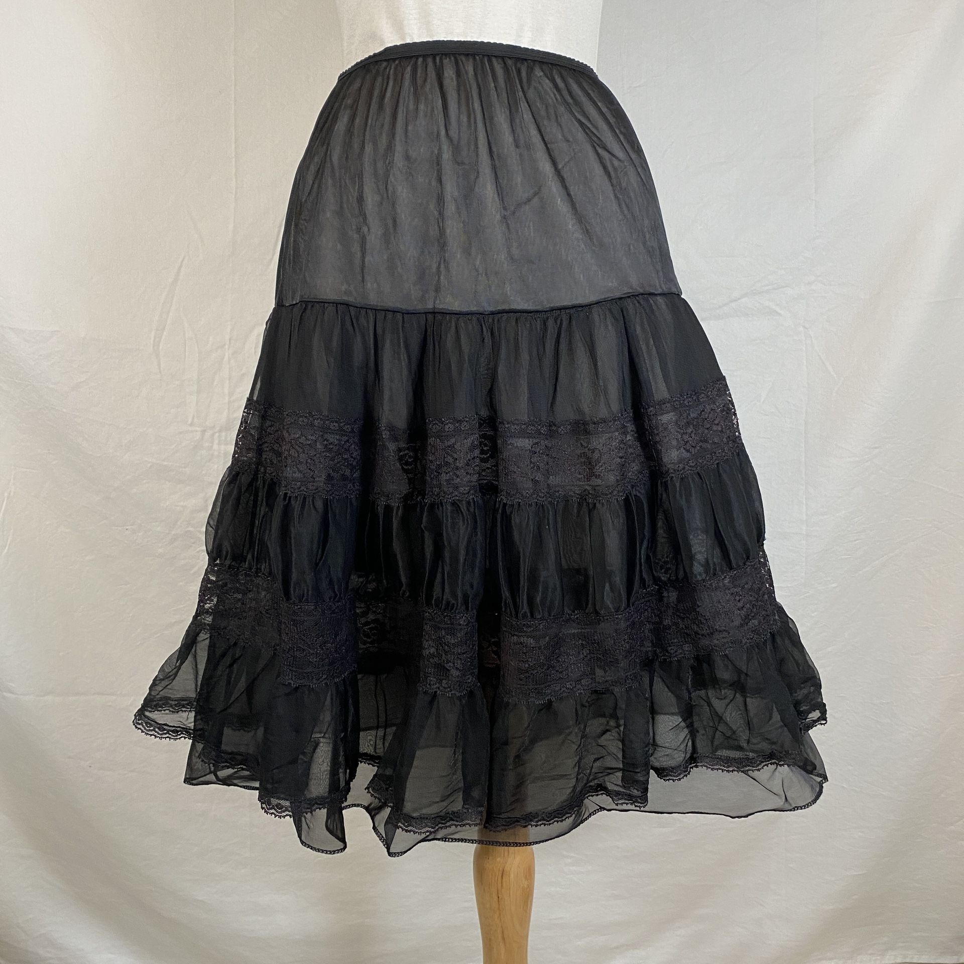 Vintage 60s Mode O Day California Half Slip Black Nylon Lace Ruffle Petticoat S