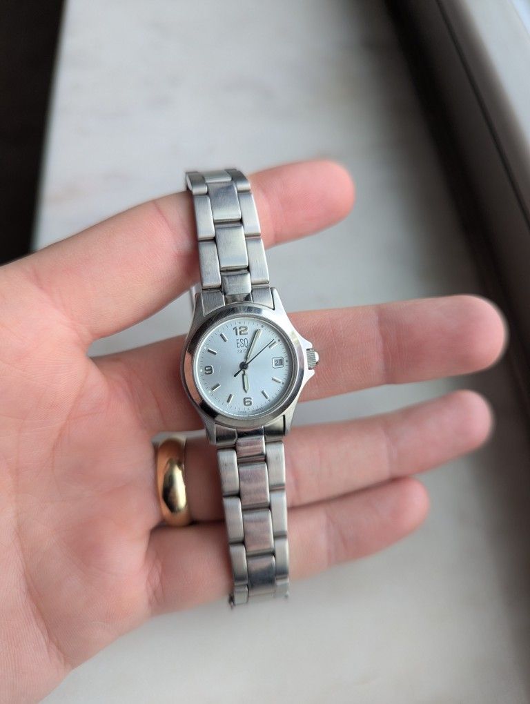 ESQ Swiss Movado Watch Women 25mm Silver Tone Stainless Steel New Battery 6.25" SOLAR LUMINESCENT