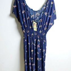 Navy Blue Floral Midi Dress Size L Elastic Waist Short Sleeve NWT - Young USA Brand