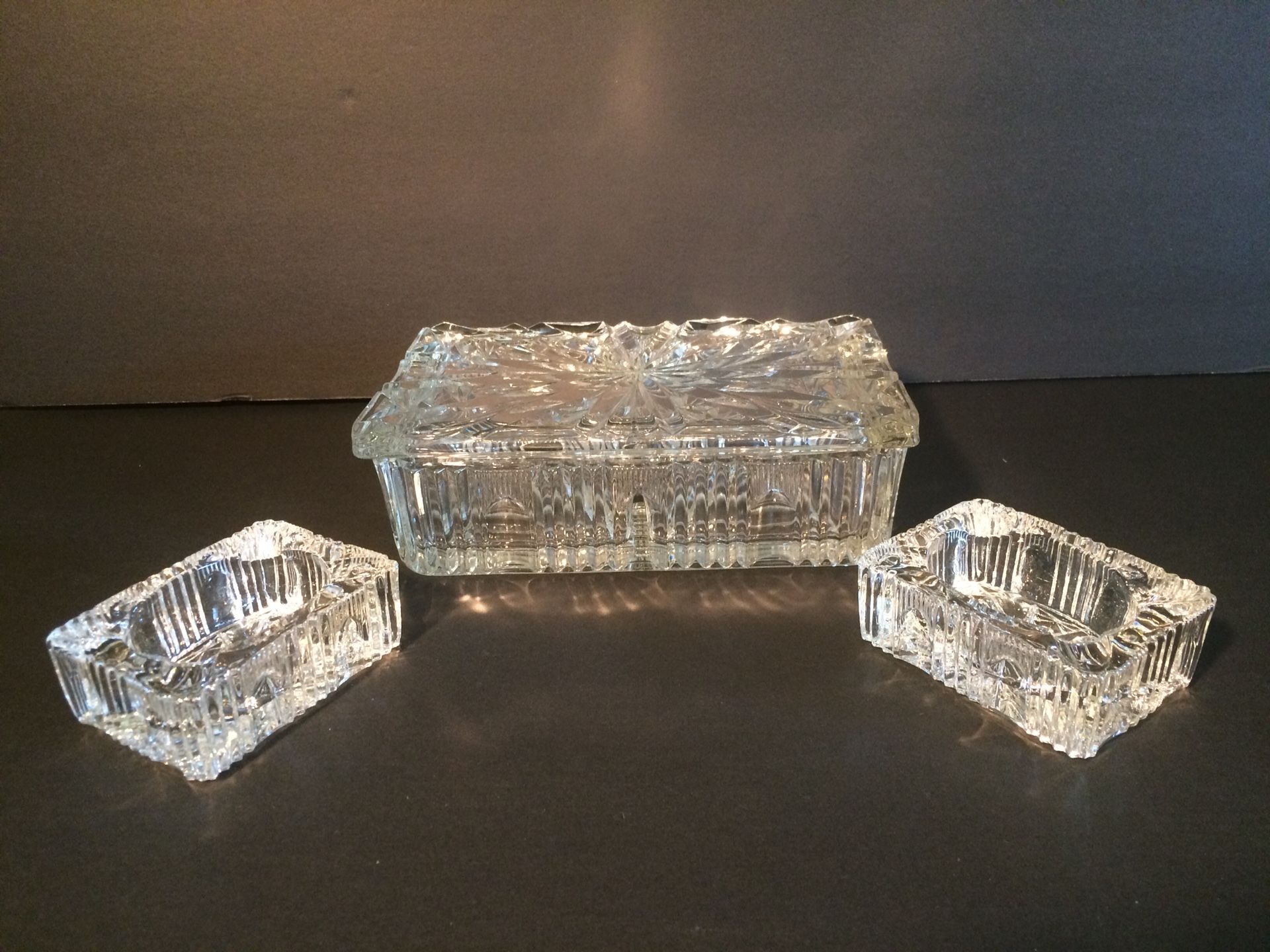 Vintage Cut-Glass Cigarette Box with Lid & two ashtrays