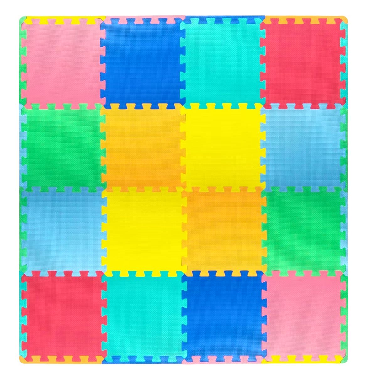 ProSource Foam Puzzle Floor Play Mat for Kids and Babies with Solid Colors, 16 Interlocking Tiles with Borders, Assorted