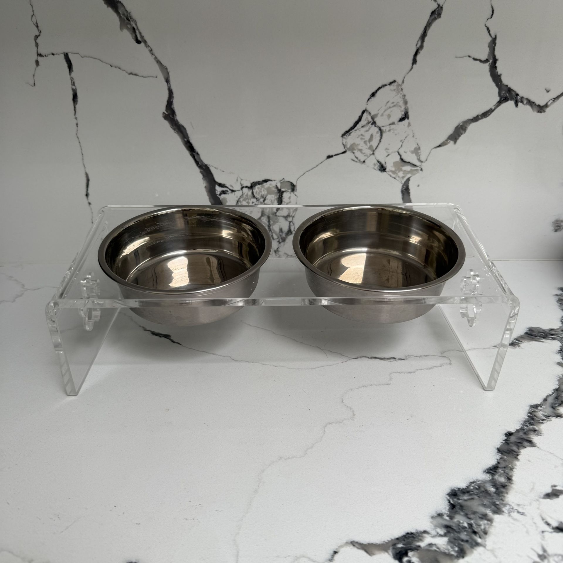 Acrylic Pet Water & Food Stand w/ 2 Stainless Steel Bowls