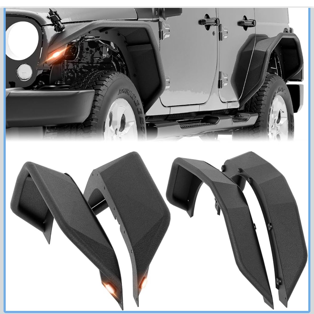 for JK JKU Tubular Front & Rear Fender Flares Compatible with 2007-2018 Jeep Wrangler JK JKU Unlimited 2/4 Doors with Turn Signal Lights, 4-PCS Tube M