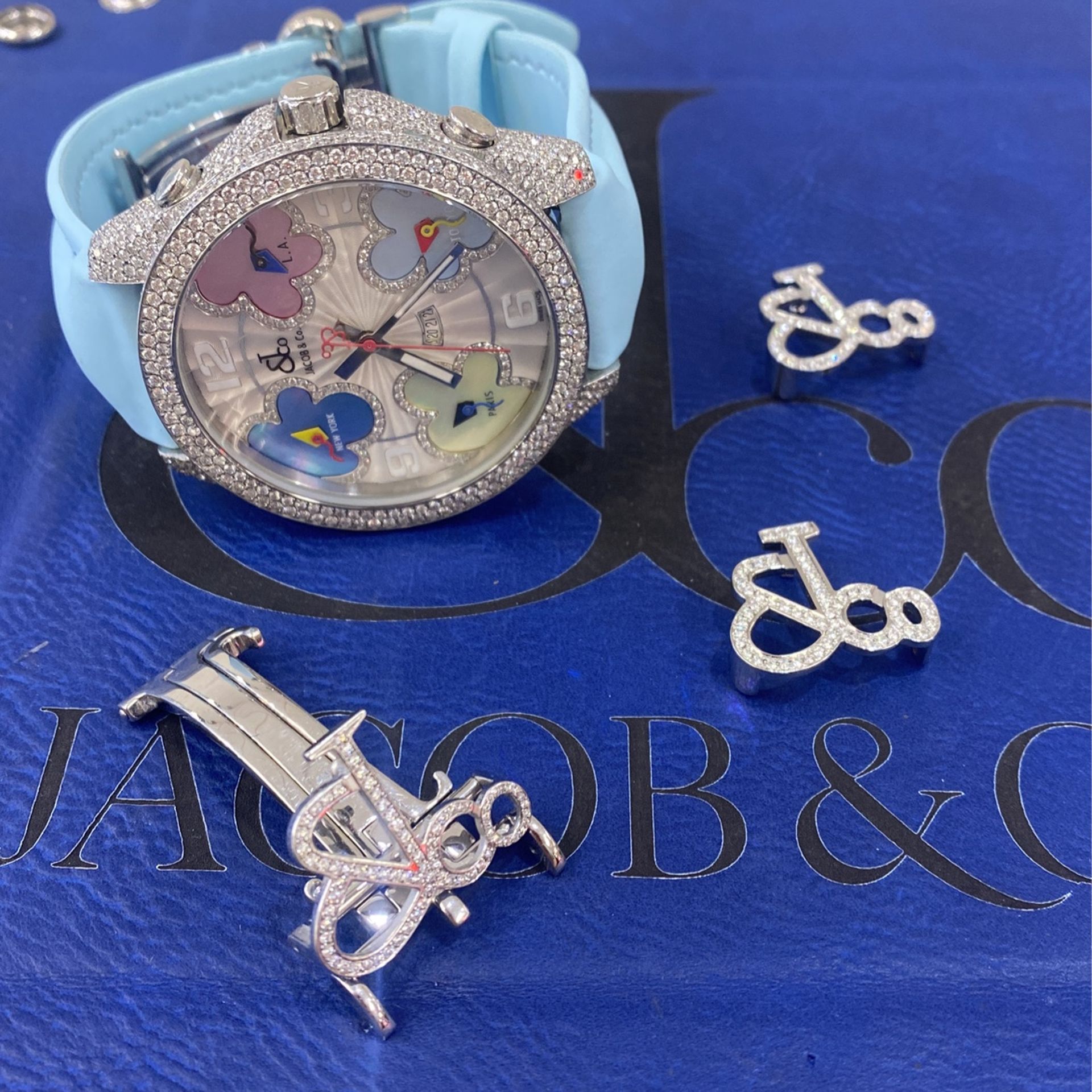 Jacob And Co Micro Baby Blue Flower Setting Floral Diamonds 47mm Box Papers Buy Sale Trade Rolex Patek Cartier VVS Gold Diamonds Watches Silver Coin