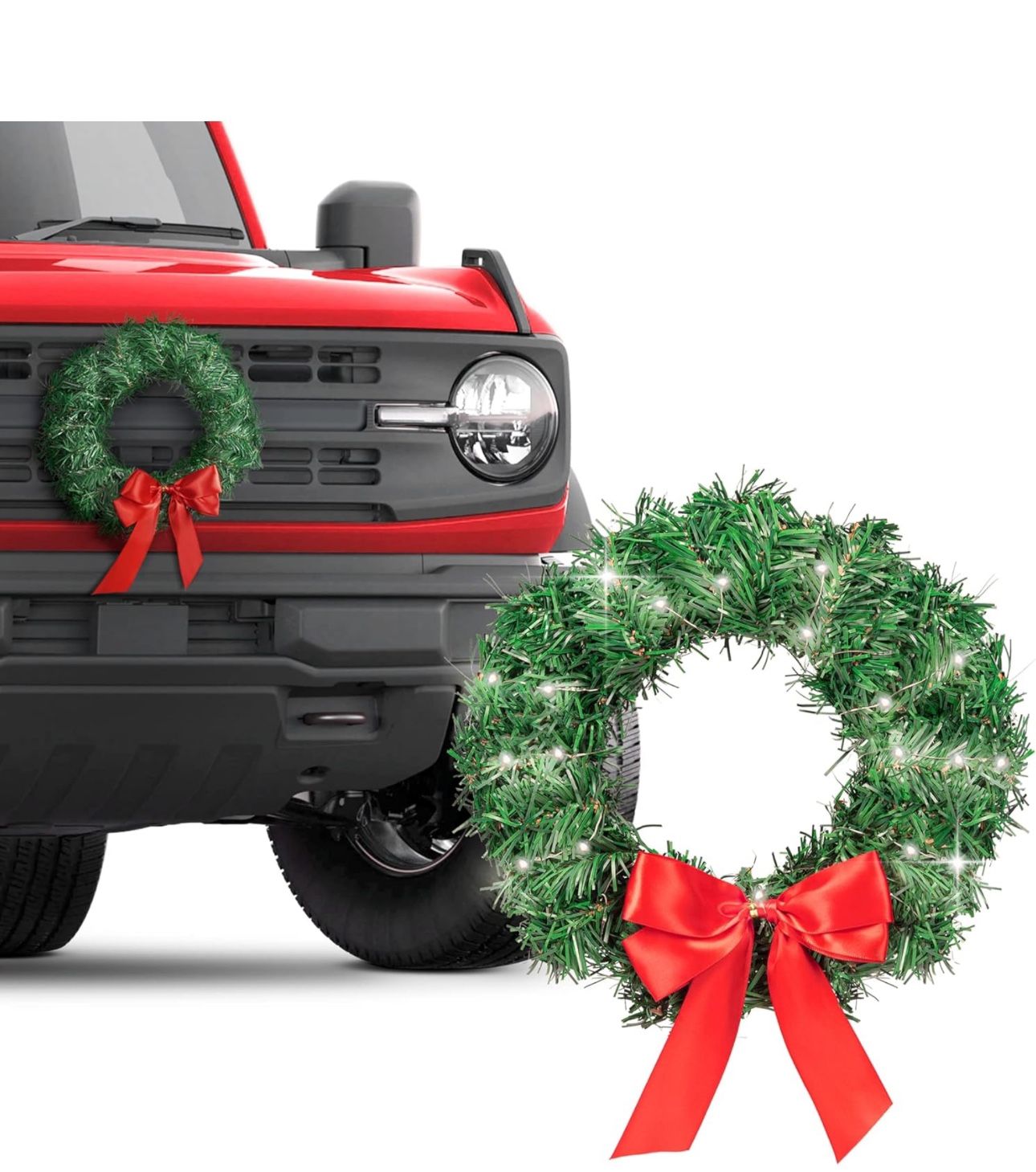 Motor Trend Car Christmas Wreath for Car Truck SUV LED Light Up Decoration Grill Ornament Mount Xmas Artifical Pine Pre-Lit Automotive All Weather Win