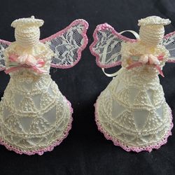 2 Vintage Handcrafted Crochet Beaded Lace Angels Christmas Tree Ornaments