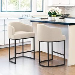 Linen Fabric Upholstered Kitchen Island Bar Stool with Metal Frame. (Set of 2) 26 inch SH
